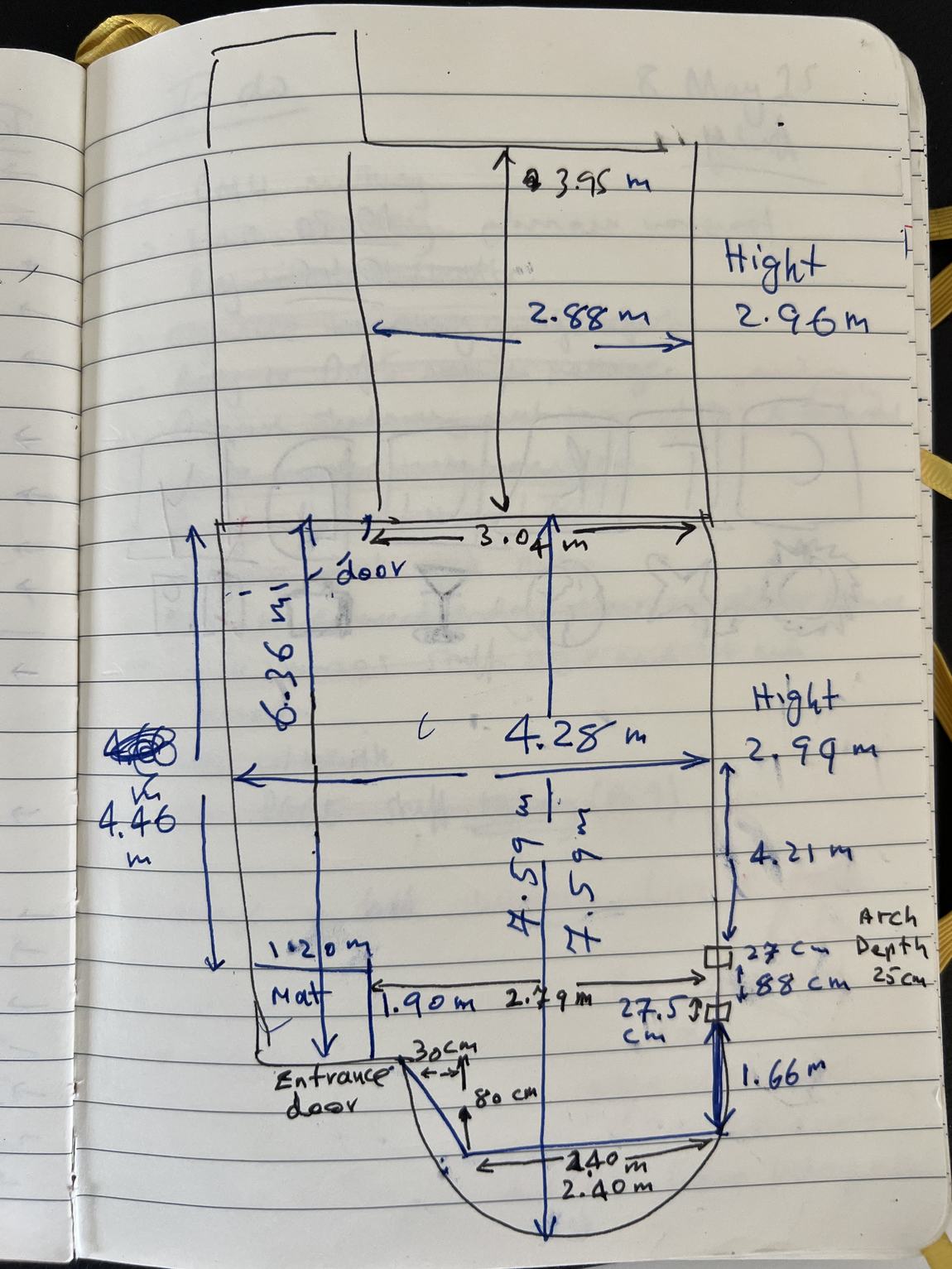 Hand-drawn floor plan with dimensions