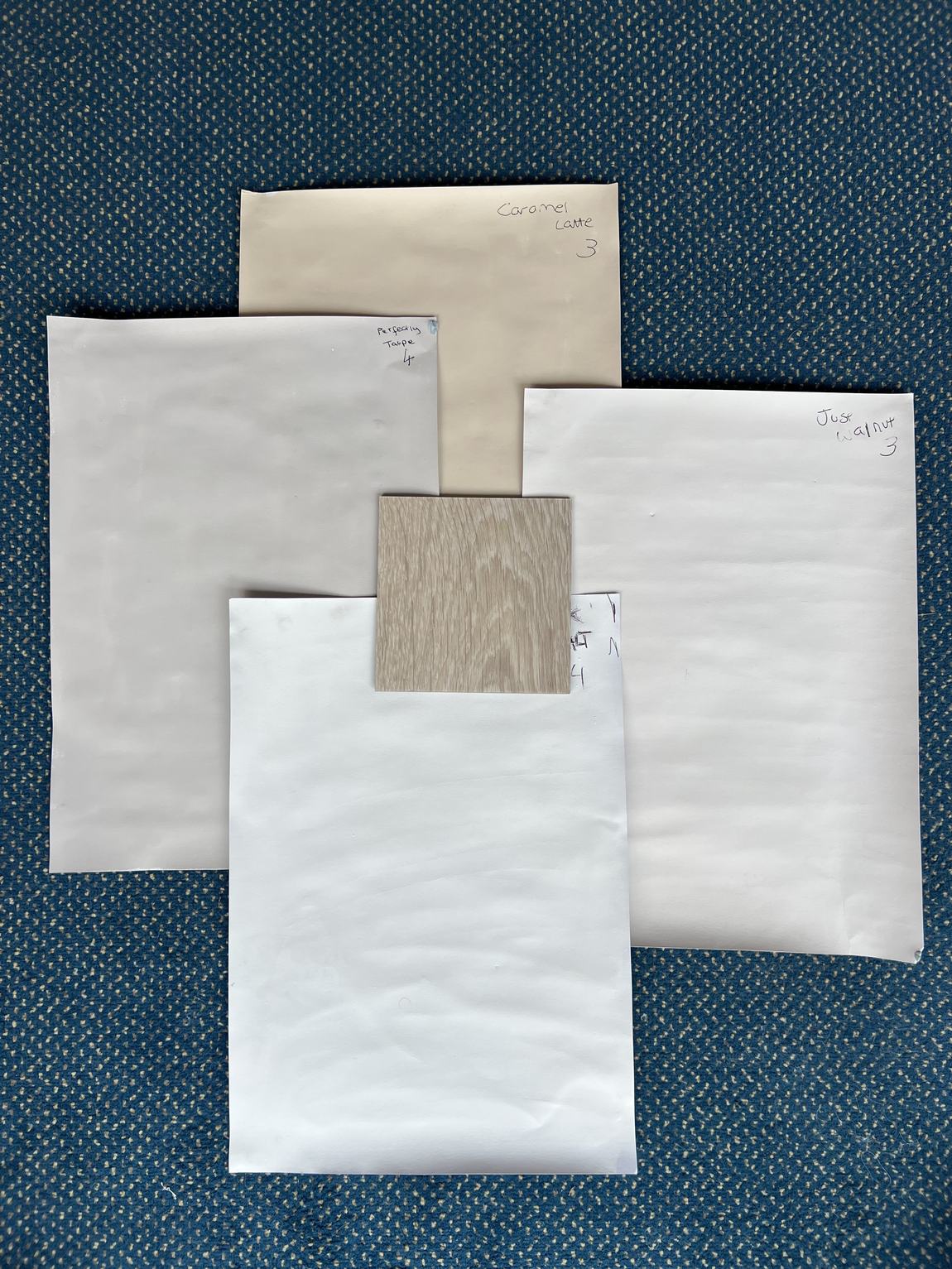 Final shortlist of paint swatches with a wood sample