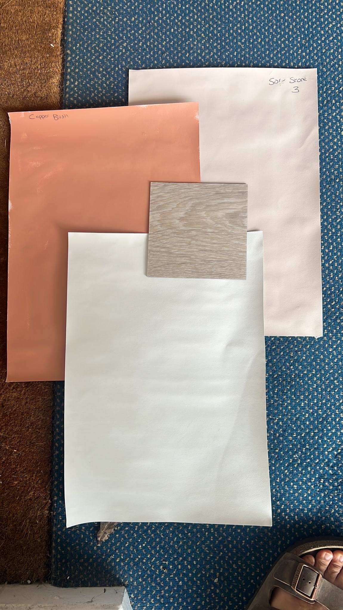 Copper Blush and Soft Stone swatches with oak sample