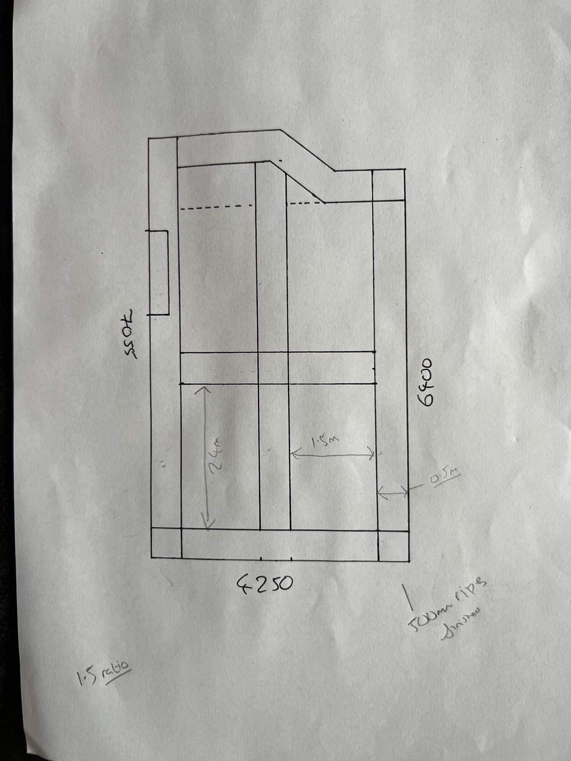 Back-of-the-envelope ceiling plan drawn in biro