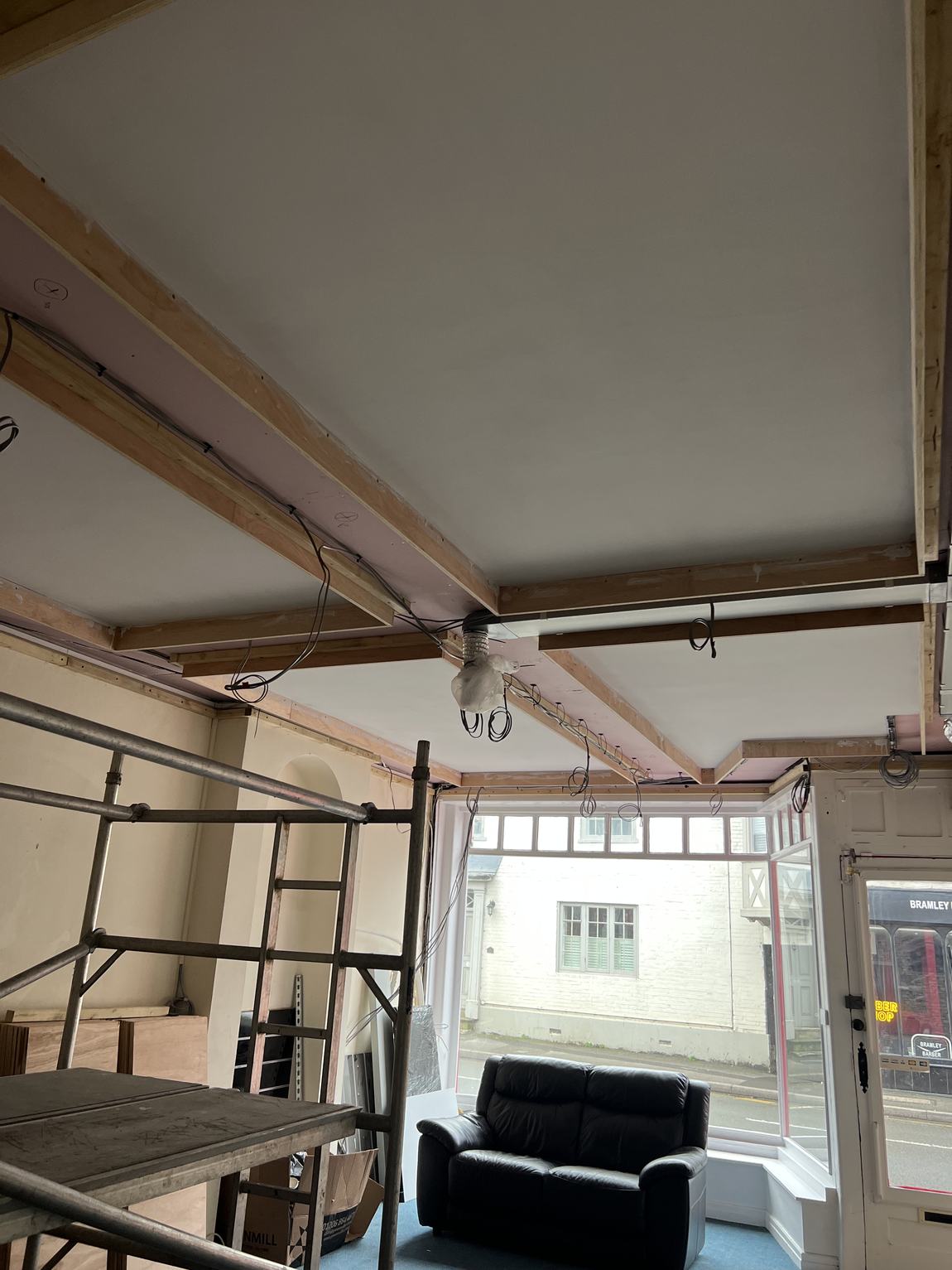 The finished ceiling framing seen from the shop floor